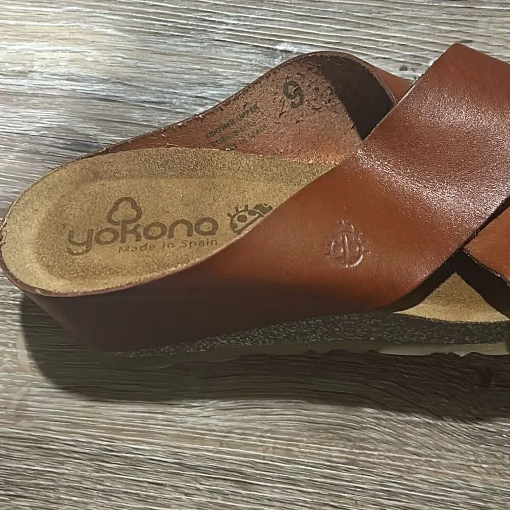 Yokono Spain brown cork wedge sandals 9 cross strap